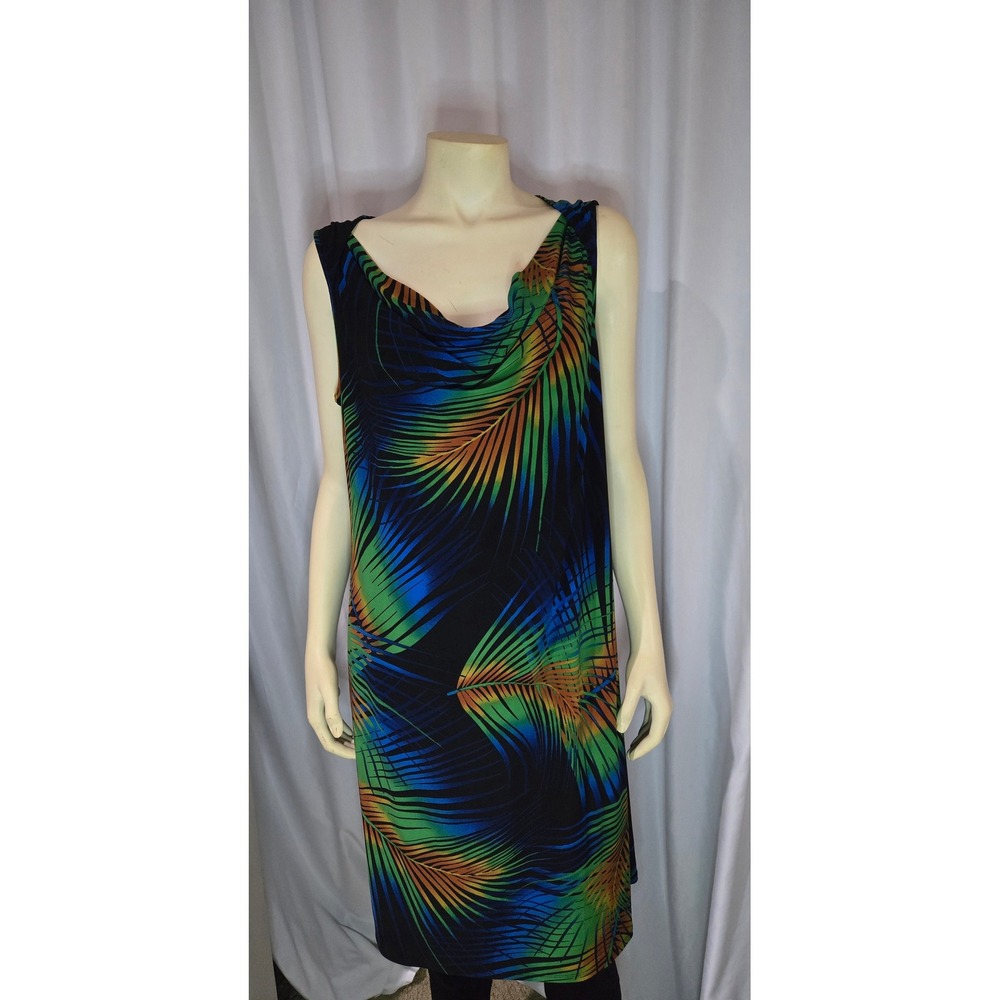 Evan-Picone Sheath Dress Women 16 Black Multi Palm Print Excellent Cowl Neck